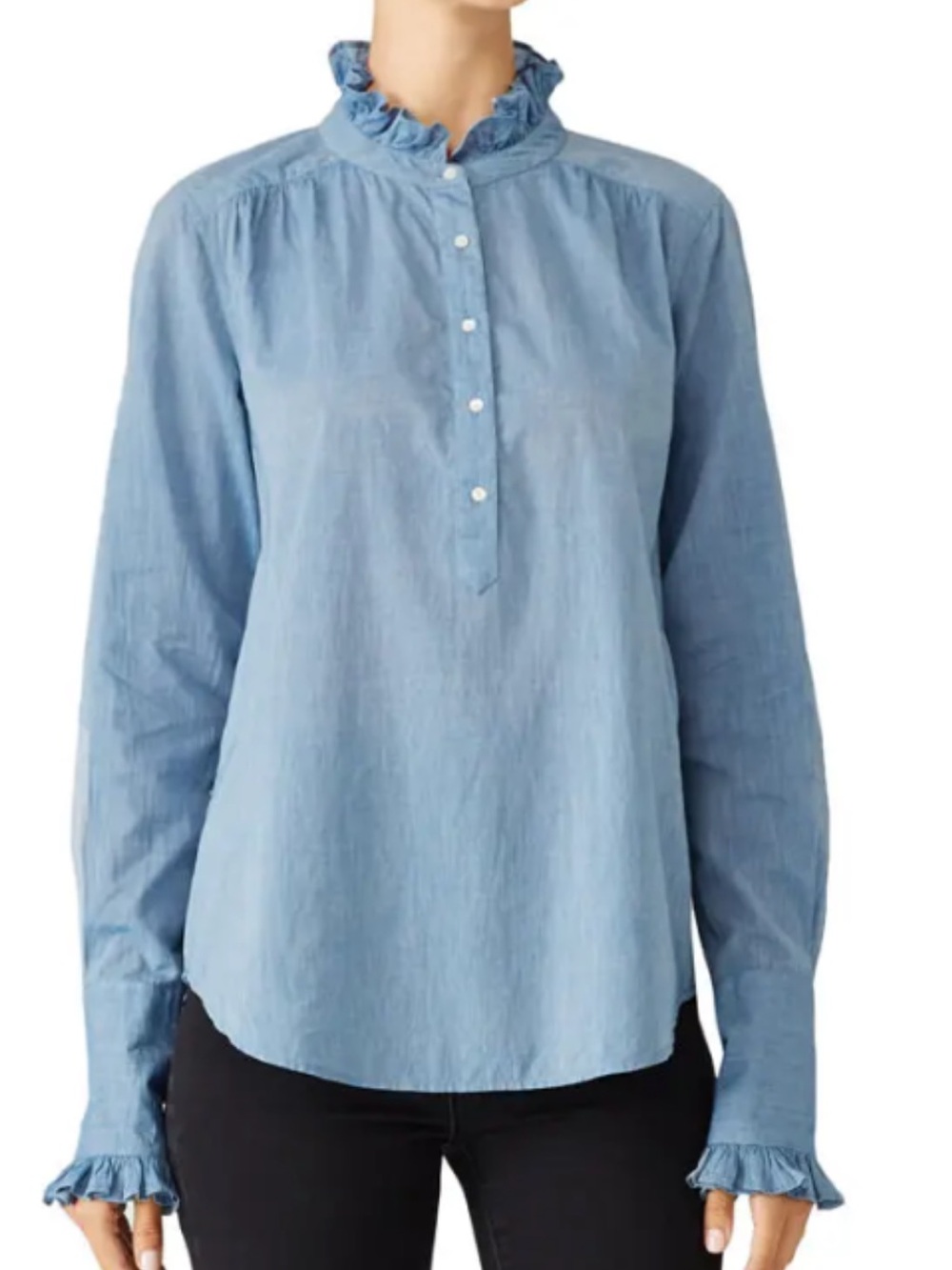 Joie “Reka” ruffled collar and cuff chambray top XS
